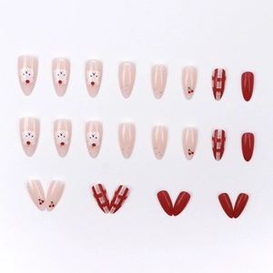 Press-on nail set featuring red cherry bear patterns and plaid in almond shape