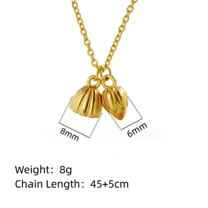 Detail of gold lotus seed pendant necklace showing 8mm and 6mm charm dimensions