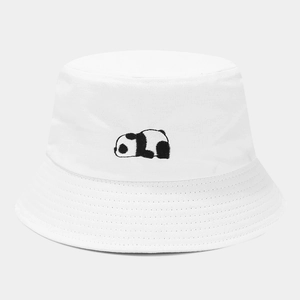White cotton bucket hat featuring a cute embroidered panda on a clean grey background