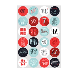 Christmas countdown stickers featuring numbers 1 to 24 in red, blue, and white colors
