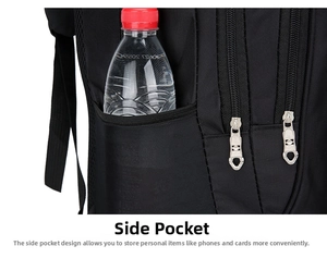 Detail of black oxford backpack side pocket holding a water bottle with metal zippers