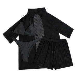 Solid black four-piece bikini set with mesh cover-up shirt and shorts for beach sun protection