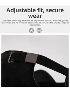 Detail of adjustable metal buckle on washed black denim baseball cap for custom fit