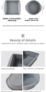 Detail view of grey silicone cake molds showing dimensions 17.5cm and depth 5.5cm