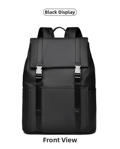 Front view of black minimalist business backpack with dual straps and metal buckles