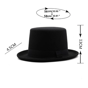 Classic black wool felt top hat with ribbon band and vintage copper buckle for gentlemen