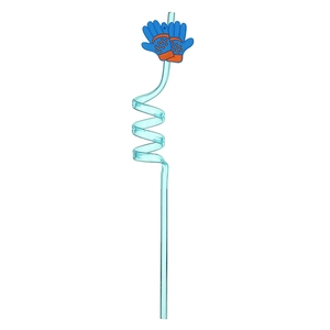 Detailed view of a light blue spiral plastic straw with an orange glove ornament
