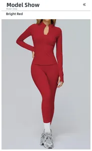 Detail of crimson brushed yoga set with zip-up jacket and high-waist leggings on model