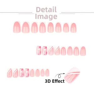 Close-up of 3D striped patterns and white floral art on pink press-on nails