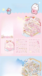 Detail view of miniature scenery DIY stickers with strawberry and milk shop themes