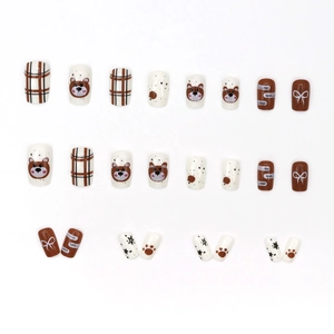 Cute cartoon bear and brown plaid press-on nails set with 24 pieces for daily wear