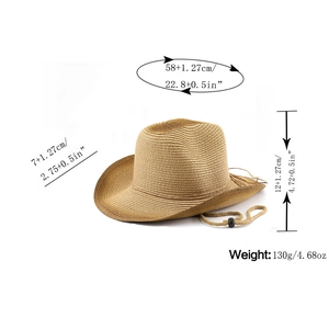 Detail showing dimensions of woven cowboy straw hat with gradient texture and chin strap