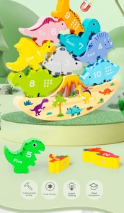 Macro shot of colorful wooden dinosaur blocks and volcano base for balance training