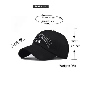 Size chart showing baseball cap dimensions including 54-60cm circumference and 7cm brim