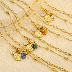 Titanium steel bracelet set with water drop zircon, pearl pendant and hammered gold discs