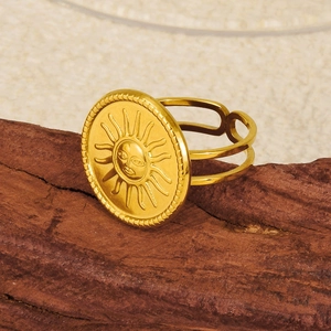 Stainless Steel Sun Face Open Ring 18K Gold Plated Retro Mythology Relief Adjustable Bohemian Personality Jewelry