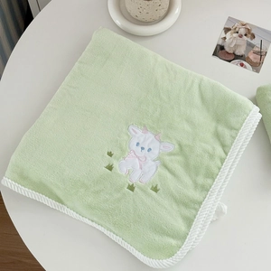 Light green lamb coral fleece bath towel with cute embroidery and woven edge trim