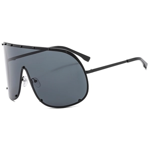 Oversized black shield sunglasses with tea tint lenses and silver rivet detailing