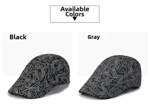 Detailed close-up showing black and grey flat caps with modern topographic line patterns