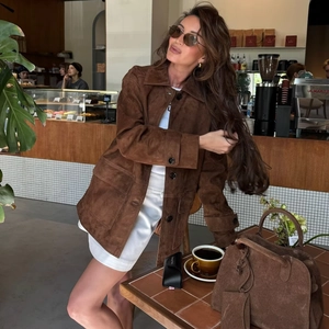Women Suede Jacket Retro Turn-Down Collar Single Breasted Loose Casual Outerwear Vintage Style Brown