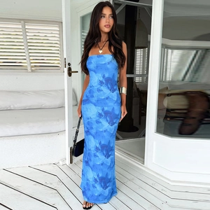 Detailed view of women's blue floral print tube long dress with slim fit design