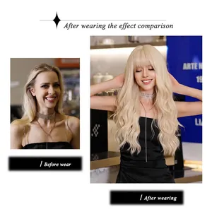 Before and after comparison of women's long platinum blonde wavy wig with air bangs