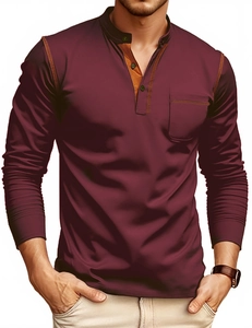 Detail of burgundy long sleeve Henley shirt with contrast collar and chest pocket