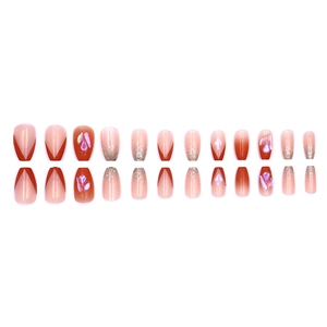 Gentle red gradient press-on nails with silver glitter and lavender rhinestone accents
