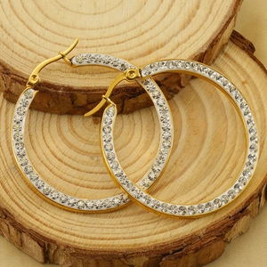 Chic 18k gold plated stainless steel hoop earrings with sparkling white rhinestones