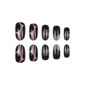 Halloween black and pink oval press-on nails with spider web and silver moon designs