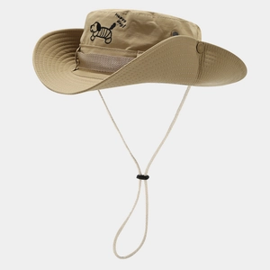Close-up of khaki outdoor sun hat featuring dog embroidery and metal side snaps