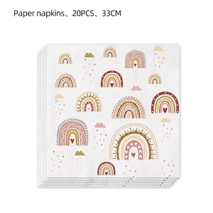 Detail of 20pcs bohemian rainbow paper napkins showing printed hearts and clouds patterns