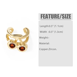 Detail view of gold cherry ear cuff with red zircon stones and size measurements
