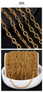 Detail of embossed oval gold stainless steel chain links for DIY jewelry making
