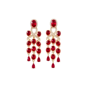 Vintage silver needle tassel earrings with ruby-toned stones and gold alloy accents