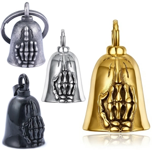 316L Stainless Steel Skeleton Middle Finger Guardian Bell Pendant For Motorcycle Biker Punk Rock Bone Hand Bell Necklace Gift For Men
