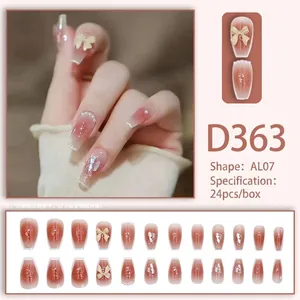 Detailliertes Set aus rosa Blush-Nägeln zum Aufkleben mit 3D-Bögen, Perlen und Glitzer