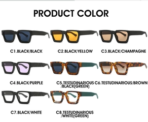 Detailed grid of classic square frame sunglasses in eight diverse fashion color options