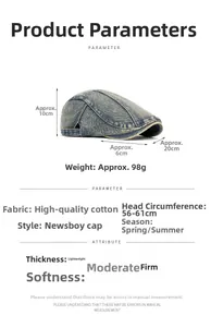 Detailed size chart and specifications for vintage blue denim newsboy cap in cotton