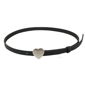Minimalist black PU leather skinny belt for women featuring a polished silver heart buckle