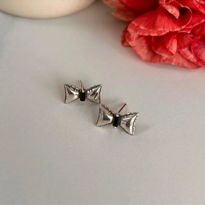 Bowknot Stud Earrings 925 Sterling Silver With Black Zircon Vintage Simple Sweet Style For Women