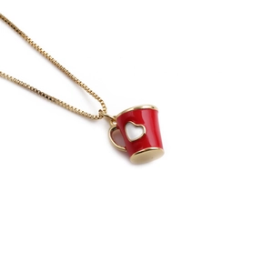 Gold box chain necklace featuring a red enamel coffee mug pendant with a white heart detail