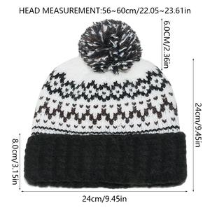 Detailed size chart for the geometric knit beanie showing dimensions and 56-60cm head size