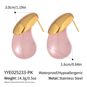 Detail view of pink teardrop earrings with dimensions 3.0x1.6cm and steel material specs