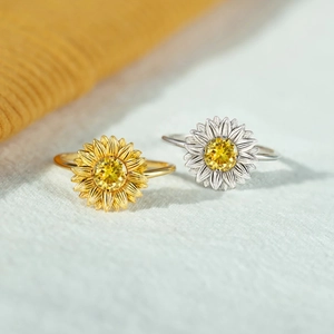 925 Sterling Silver Sunflower Daisy Rings With Yellow Zirconia For Women Fashion Western Style Adjustable Finger Rings