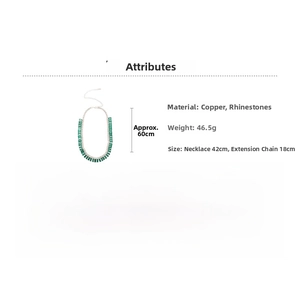 Silver fringe necklace with green rectangular rhinestones and detailed dimensions