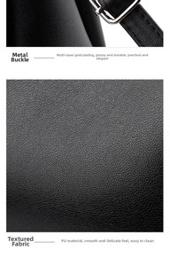 Détail macro de la boucle en métal argenté et de la texture du cuir PU noir sur le sac