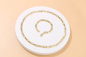 Detailansicht von goldenem Halsketten- und Armbandset auf weißem Rundpodest