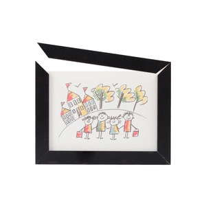Top-opening detail of black children's art frame for easy swapping and storing artwork