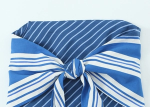 Detailed close-up of the blue and white striped linen halter top featuring a back bow tie